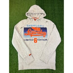 Superdry Mens Limited Edition 6 Grey Marl Graphic Pullover Hoodie Streetwear MD